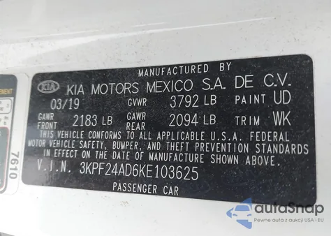 2019 Kia Forte Lxs из США, поврежденный, VIN 3KPF24AD6KE103625